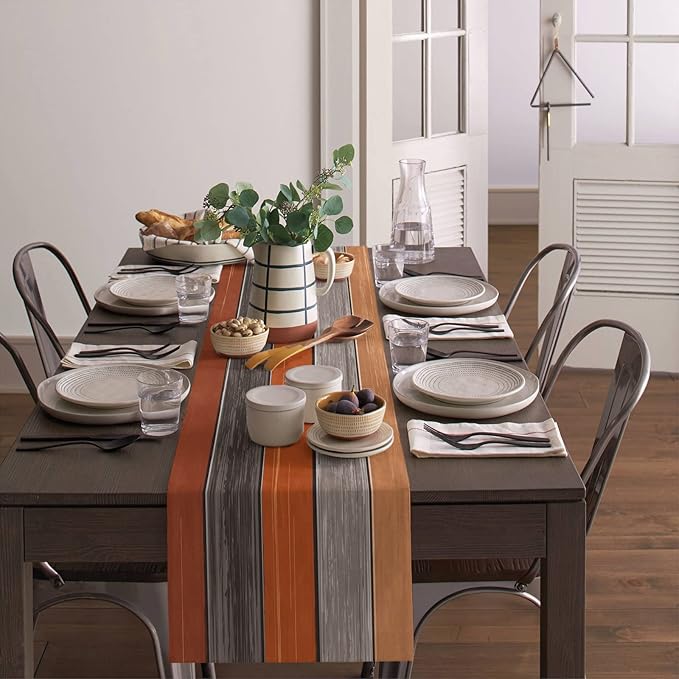 Farmhouse Fall Thanksgiving Table Runner Dresser Scarf Retro Rustic Barn Wood Texture Ombre Burnt Orange Gray Non-Slip Rectangle Settings Decoration for Kitchen Home Dining Holiday,,13X72 Inches Long