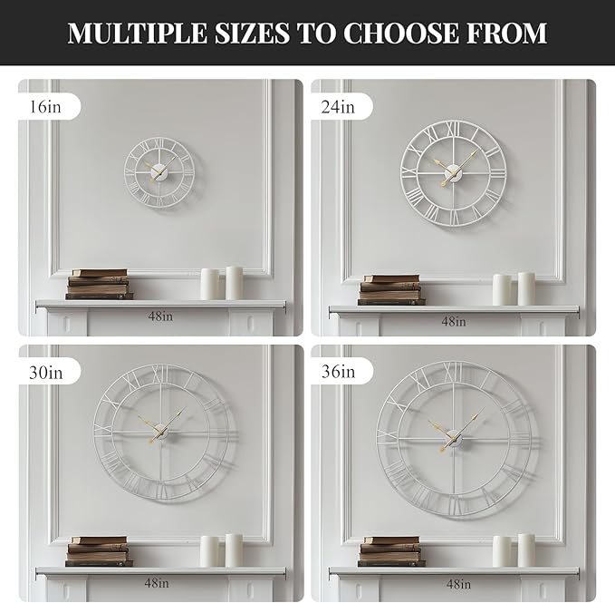 Cuspin 20 Inch Wall Clock Large Silver Decorative Clocks, Modern Metal Round Wall Clock Battery-Operated Roman Numerals for Living Room Bedroom, Kitchen, Office Decor