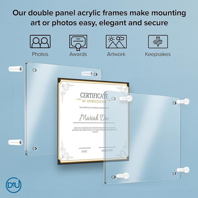 Acrylic Floating Frames White Standoffs (single) 9" x 12" Clear Acrylic Frames for Wall Mount Floating Picture Frame, Diploma Poster Certificate Hanging Photo Display Degree Prints Artwork Documents