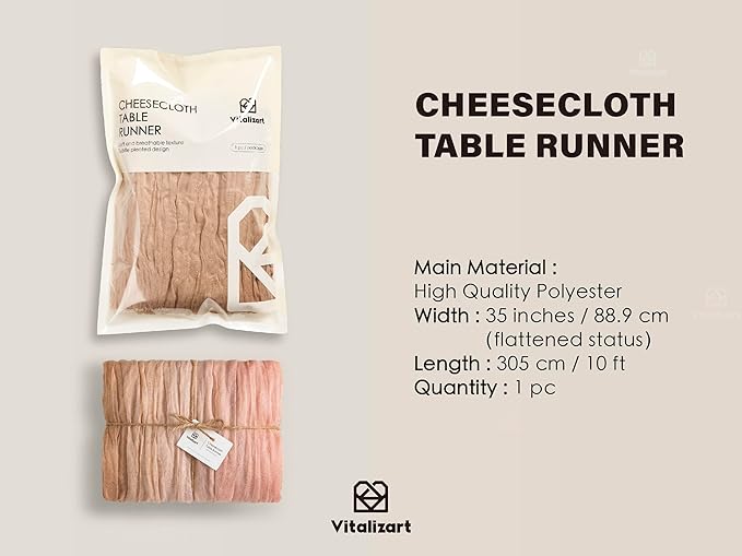 Vitalizart Cheesecloth Table Runner 10ft Gauze Boho Rustic Pink Nude White Cheese Cloth Table Runner for Wedding Bridal Shower Fall Thanskgiving Decoration 120 Inches