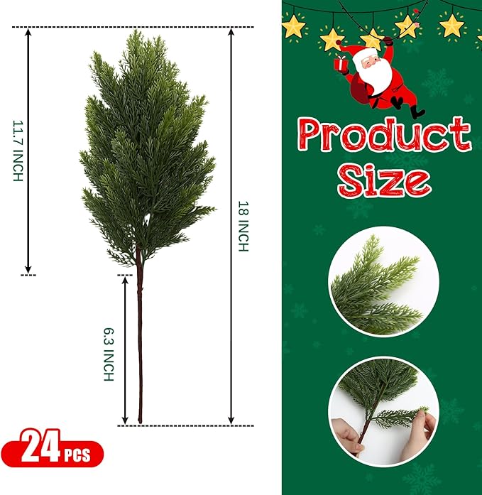 joyhalo 24 Pcs Artificial Real Touch Cedar Stems, 18" Christmas Cedar Pine Branches Faux Greenery Stems for Vases, Outdoor Planters, Christmas Trees and Outdoor Home Decor