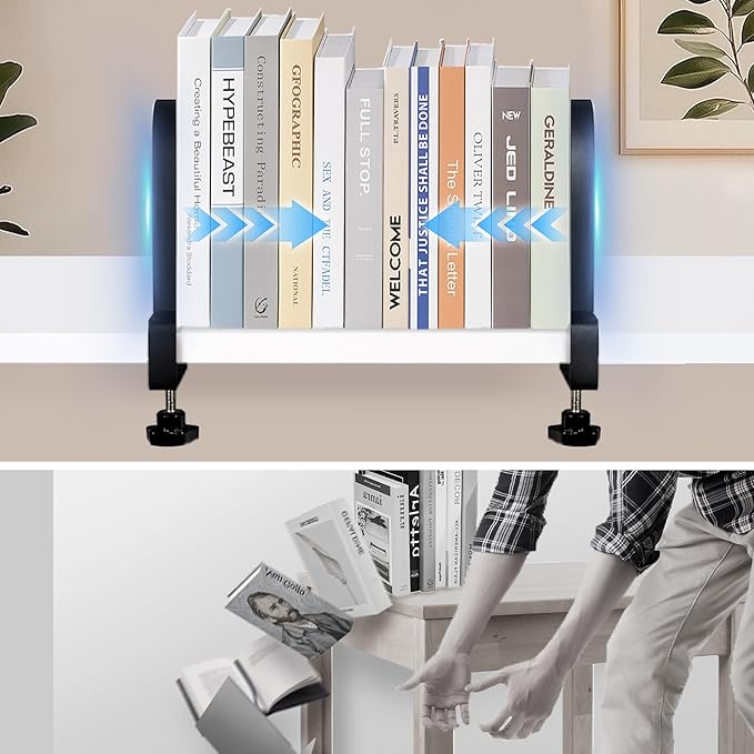 Metal Book Ends for Shelves - Heavy Duty Adjustable Bookends Clamped Metal Book Organizer Storage Holders, Non-Skid Bookends Stoppers