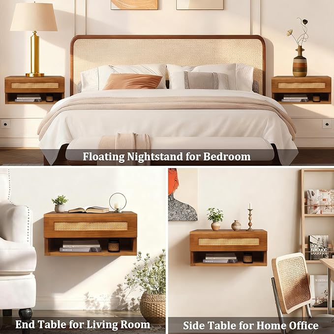 Floating Nightstand, Wall Mounted Rattan Bedside Bedroom Nightstand, with Storage Drawer and Modern Open Shelf Cubby, Minimalist and Unique Style 16”x 10”x 8” Brown