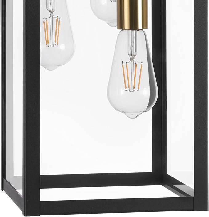 LamQee Large Outdoor Pendant Lights, 3-Lights Black and Gold Outdoor Chandelier Lighting Fixture, Modern Exterior Ceiling Hanging Lantern with Glass, for Porch Front Door Patio Gazebo Entryway Foyer