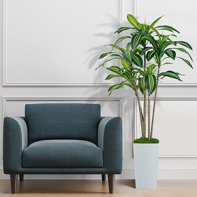 Dracaena Artificial Plants Indoor, 5FT Tall Faux Tree with White Tall Planter, Fake Yucca Tree Floor Plant, Artificial Trees for Home Office Living Room Garden Decor Outdoor, Housewarming Gift