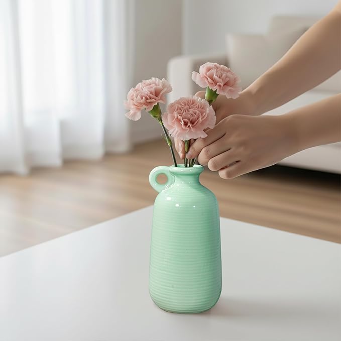 Sunddo Ceramic Flower Vase 10 Inch - Green Decorative Vases with Handle, Modern Vase for Home Decor, Mantel, Living Room, Bedroom, Table, Bedroom Decor