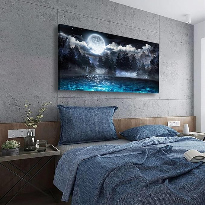 Moon Ocean Pictures Canvas Wall Art for Living room Office Bedroom Wall Decor,Ocean Wall Art Print Paintings Modern Mystery Cloud Forest Blue Lake Artwork Waterproof Ready to Hang-24X48 inch