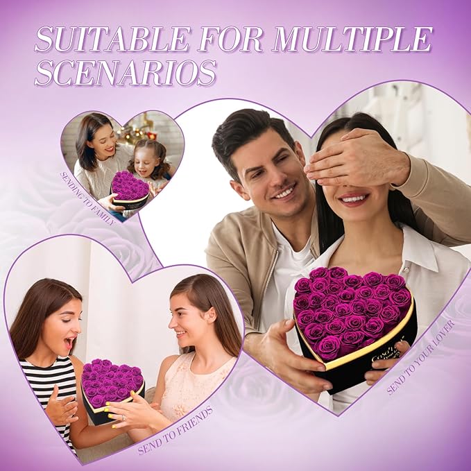 Preserved Roses Flowers for Delivery 27 Pcs, Forever Flores in Heart Box with Necklace, Eternal Rose Anniversary Birthday Gift for Women Wife Girlfriend, Rosas for Valentines Christmas, Purple