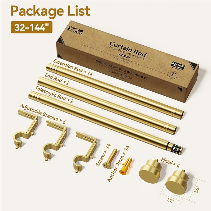YaFex Curtain Rods 2 Pack 32-144 Inch, Heavy Duty 1 Inch Curtain Rod, Gold Extra Long Adjustable Window Treatment Rods, Modern Design, Easy Installation
