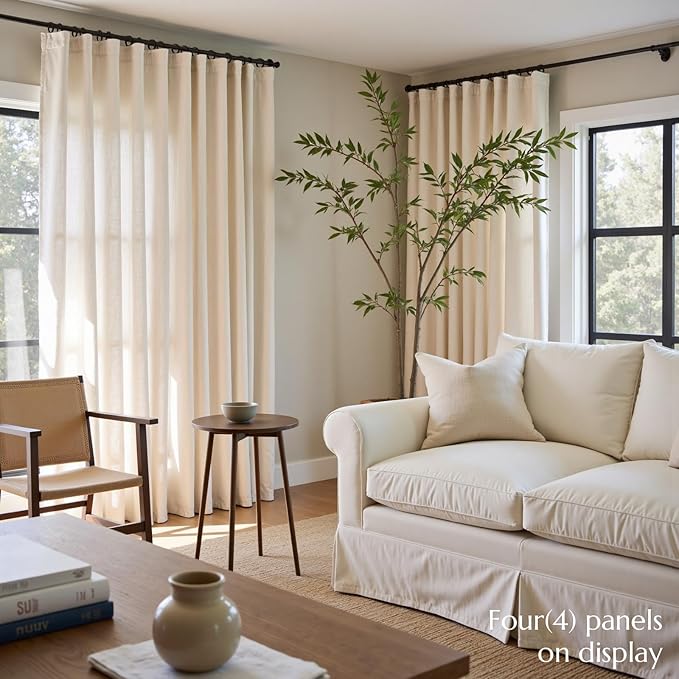 jinchan Beige Linen Blend Curtains 108 Inches Extra Long 2 Panels for Bedroom Living Room, Light Filtering 60 Inches Wide Natural Farmhouse Drapes with Rod Pocket Back Tab (60W x 108L, Ecru)