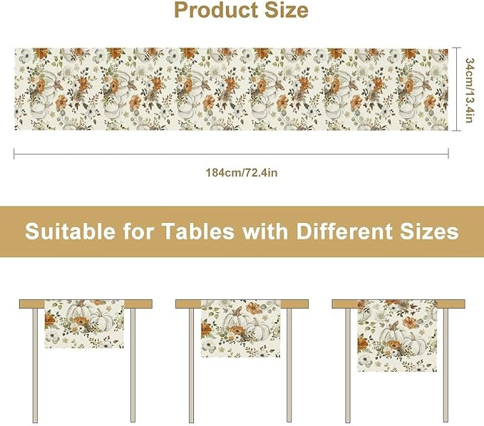 Fall Pumpkin Table Runner Rustic Floral Watercolor Plants White Vegetables Flowers Pastoral Theme Home Decor for Farmhouse Indoor Outdoor Party Holiday Dining Kitchen Restaurant Cafe W13xL108in