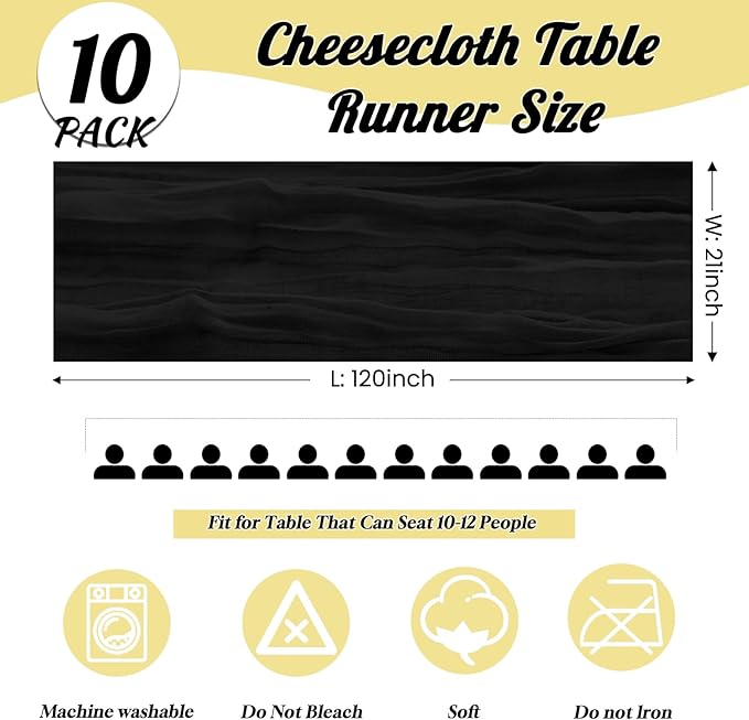 10 Pack Black Cheesecloth Table Runner,10FT/120 Inch Boho Gauze Fabric Table Runner,Rustic Sheer Black Cheese Cloth Runner Bulk for Wedding,Bridal Baby Shower,Birthday Party,Holiday Home Table Decor