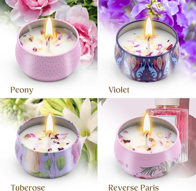 Scented Candles Gift Set for Women 4 Pack Soy Wax Candles with Dried Flowers in Reusable Tins Ideal for Birthday Mothers Day Christmas Anniversary Self Care Relaxation