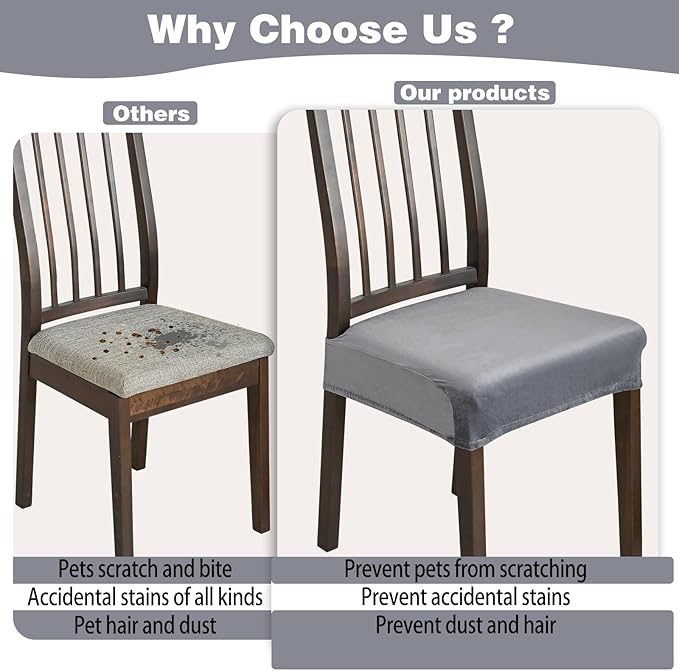 Dining Chair Seat Covers, Stretch Velvet Chair Seat Slipcovers Protector, Removable Washable Kitchen Chair Covers for Dining Room Chairs (Set of 2, Light Grey)
