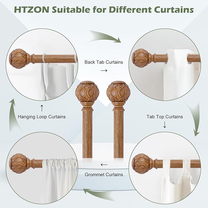 Wood Curtain Rods 66 to 120 Inch,1 Inch Adjustable Long Curtain Rod,Netted Wooden Window Curtain Rods,Farmhouse Rustic Heavy Duty Brown Wood Grain Decorative Drapery Rods 66-120"