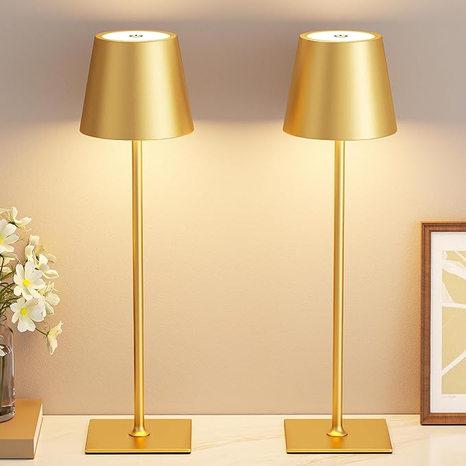 Kakanuo Gold Cordless Rechargeable Table Lamp 5000mAh Battery Operated Lamps, 3 Colors Stepless Dimming Touch Lamp for Dining, Living Room, Outdoor Patio, Kitchen Counter, 4 Pack