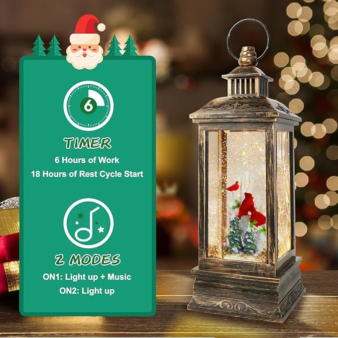 Christmas Cardinal Snow Globe 12.5In High, Musical Cardinal Lantern with 6 Hour Timer and Batteries Powered Retro Style Holiday Glitter Globe for Xmas Indoor Decoration and Santa Gifts