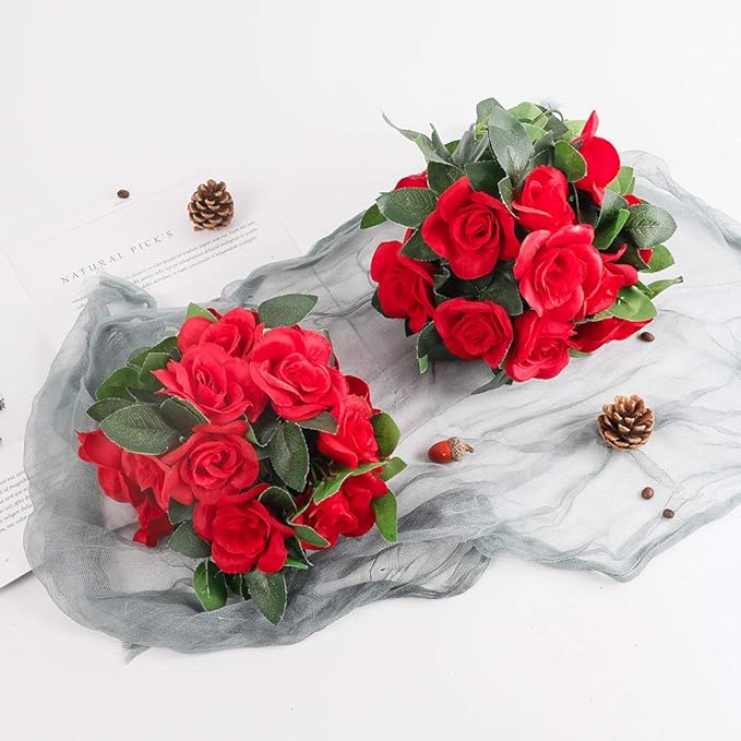 LESING Rose Garlands Artificial Rose Vines, 4PCS(28.8FT) Fake Silk Flower Garland with Greenery Plants Wedding Hanging Flower Vines Garlands for Home Office Arch Garden Decoration (Red)