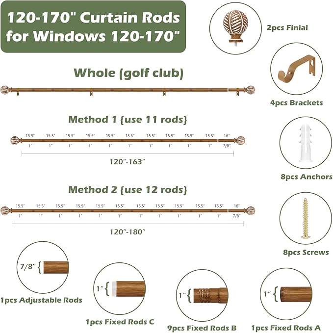 Wood Boho Curtain Rods for Windows:Wooden Farmhouse Decorative Curtain Rod for Bedroom Living Room,Heavy Duty Adjustable Rustic Bamboo Drapery Rod with Imitation Wood Grain Finial,Brown 120-170"