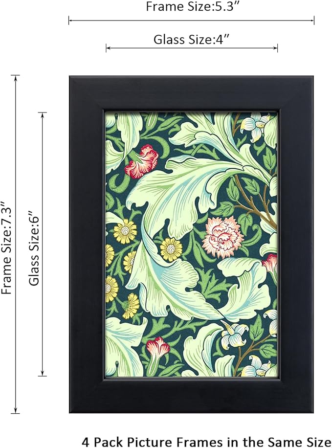 4x6 Picture Frame Set of 4 Made of Solid Wood Photo Frame with Real Glass for Pictures 4x6 Without Mat, Wall Mount or Tabletop Gallery Photo Frames in Black