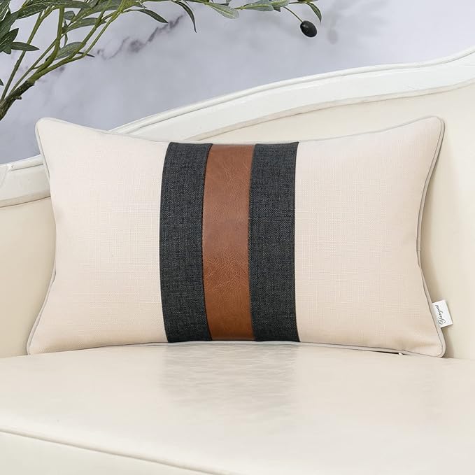 Yangest Patchwork Pillow Cover 12x20 Inch Luxury Cotton and Linen Cushion Cover Faux Leather Pillowcover for Couch Bedroom Living Room, White