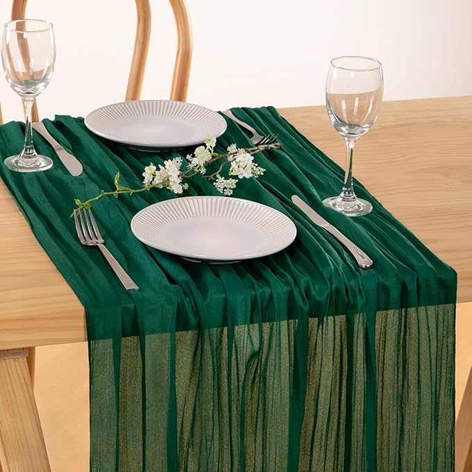 MLMC Emerald Green Table Runner Boho Dark Green Cheesecloth Table Runner 10ft Sheer Gauze Cheese Cloth Decorations for St. Patrick's Day Wedding Bridal Shower Home Party Decor