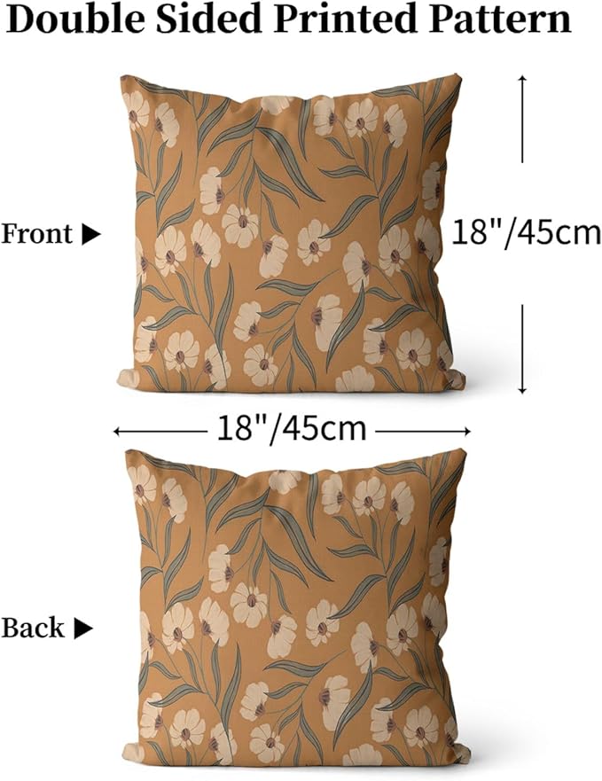 Boho Floral Pillow Covers 18x18 Inch Vintage Botanical Leaf Pillow Protectors with Zipper Standard Size Rustic Nature Wildflowers Pillow Cases Antique Midcentury Modern Bed Pillow Covers Set of 2