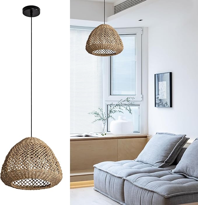 Rattan Pendant Light,15" Rustic Hand-Woven Boho Wicker Hanging Light Water Plants Rattan Chandelier for Kitchen Farmhouse Dining Living Bedroom Gazebo