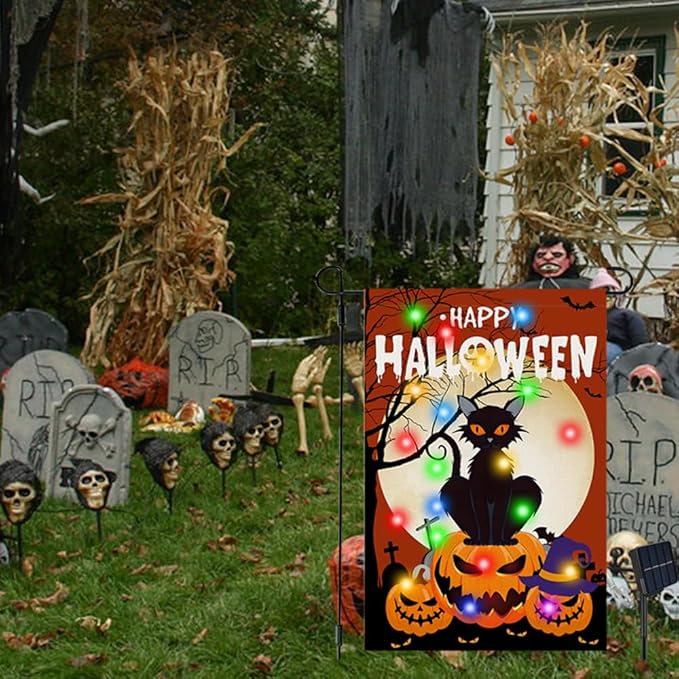 Happy Halloween Garden Flag with Lights, 12x18 in Solar Double Sided Pumpkin Cat Yard Flags, Halloween Outdoor Decorations for Patio, Lawn