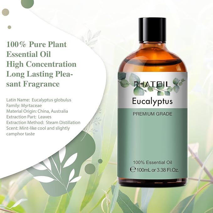PHATOIL 100ML Eucalyptus Essential Oil, Eucalyptus Oil Essential Oils for Diffusers for Home, Soap Candle Making, Huge 3.38fl.oz Bottle