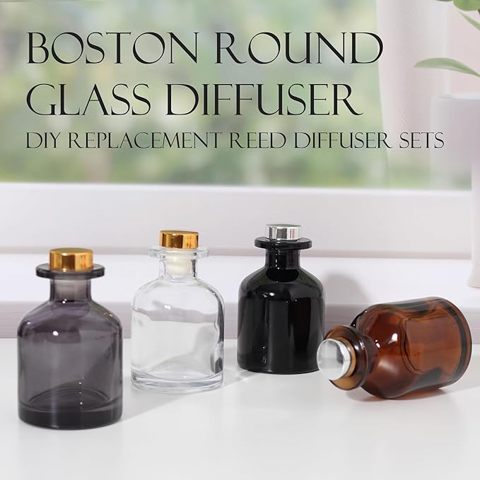 4Pcs Fragrance Glass Diffuser Bottles, Refillable Diffusers Bottles with 16 pcs Reed Diffuser Sticks and Caps,Diffuser Jars for Home Oil Fragrance Decoration Girl Women Gift (4 Color)