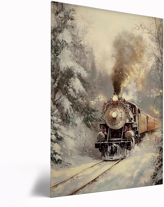 Winter Wall Art,Vintage Train in Snow Print,Nostaltic Steam Locomotive Scene,Holiday Train Print,Snowy Train Scene Print,Nostalgic Winter Art,Winter Holiday Decor16x24inch Framed Art