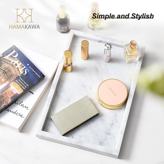 Large Bathroom Vanity Tray, Real Natural Marble Tray 12 inch, Carrara White Stone Toilet Tank Trays, Modern Dresser Trays, Countertop Organizer for Kitchen Counter, Soap Dispenser