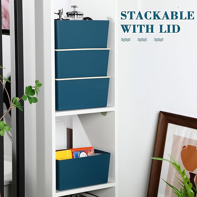 Menkxi 4 Pcs Storage Bins with Lids Plastic Stackable Containers for Organizing Shelves Christmas Ornament Box Baskets(Blue,Small)