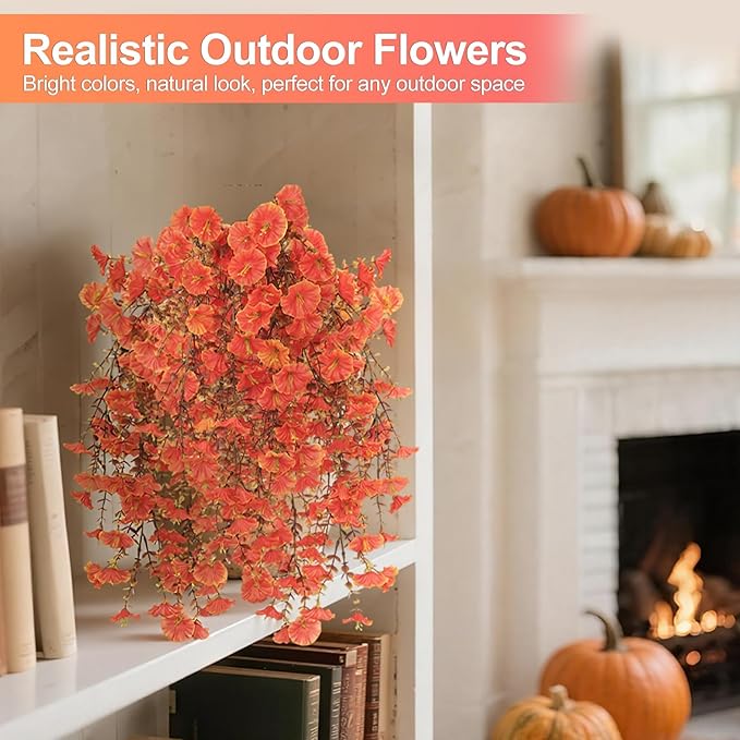 Fall Decor Artificial Flowers for Outdoor Decoration, 4Pcs Fake Hanging Flowers Morning Glory UV & Fading Resistant, Artificial Faux Plants for Home Patio Yard Garden Farmhouse Halloween