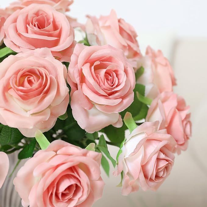 Nubry Artificial Silk Rose Flower Bouquet Lifelike Fake Rose for Wedding Home Party Decoration Event Gift 10pcs (Gradient Light Pink)