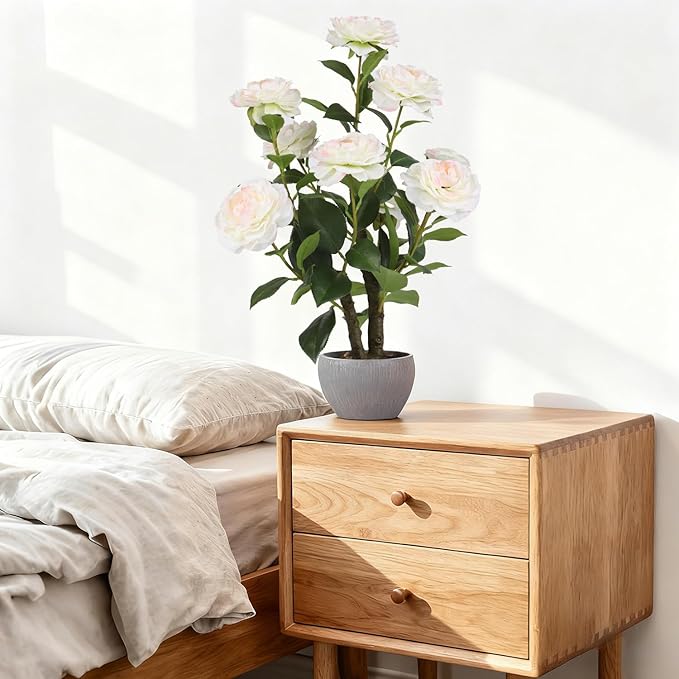 TOARTi Artificial Camellia Potted Plant with Stone Pot, 20.5" Tall Fake Potted Flowers Faux Desk Plant, Realistic Decorative Plants Indoor Decor for for Home Bedroom Bathroom Office Desk
