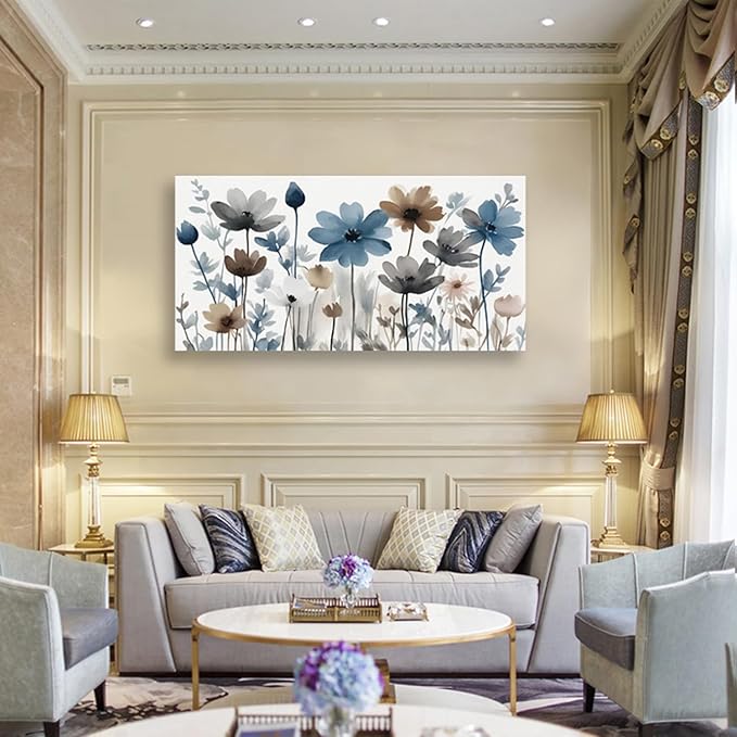 KZKU Flowers Canvas Wall Art - Floral Pictures for Wall Decor Indigo Brown Grey Canvas Prints Nature Printing Artwork for Living Room Bedroom Home Office Wall Decoration 24" x 48"