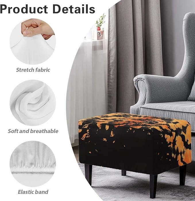 Rectangle Ottoman Cover Halloween Bat Ultra Stretch Small Ottoman Slipcover with Elastic Band Washable Foot Stool Covers Furniture Protector for Living Room Office Decor Size L