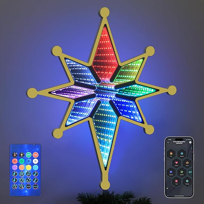 MEETYAMOR Smart Christmas Tree Topper, 13" 130 LEDs RGB Color Change Lighted 8-Point Star Tree Topper, App, Remote & Touch, USB Powered 3D Infinity Mirror Music Sync Treetop Decor for Xmas Party Gift