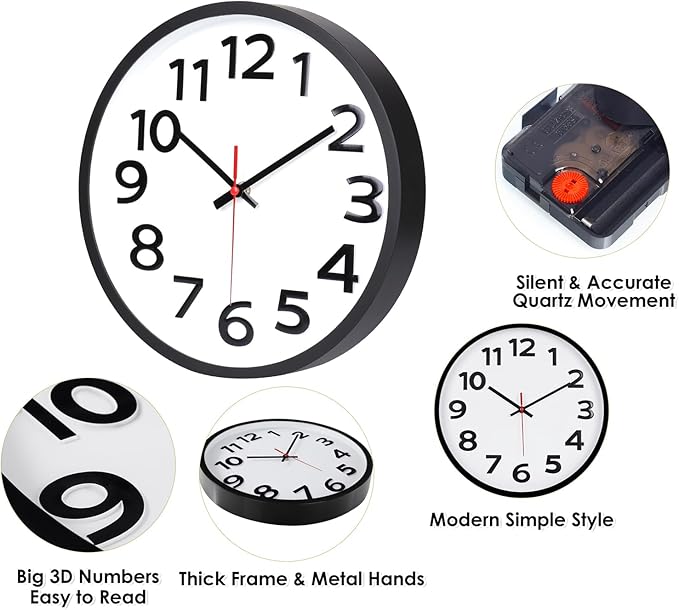 Wall Clock 12 Inch Silent Non-Ticking Big Numbers Easy to Read Wall Clocks Decorative for Office School Bedroom Home