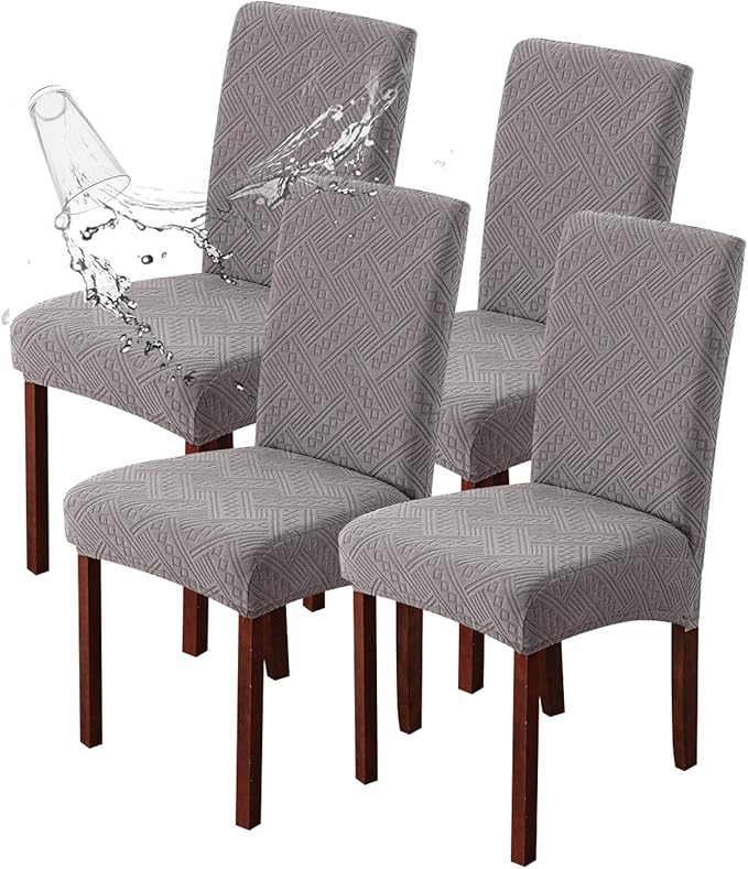 Genina Waterproof Dining Room Chair Covers Stretch Parsons Chair Slipcovers for Dining Room Kitchen Chair Protector Cover, Removable, Washable (4, Pattern1-Light Gray)