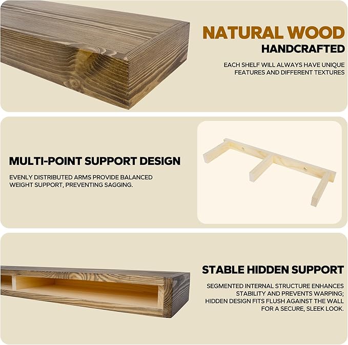 Floating Shelves 3 inch Thick for Wall Set of 2,Solid Pine Wood Wall Mount Shelf for Kitchen Living Room Bedroom Bathroom,8" D x 24" L x 3" H-Dark Walnut