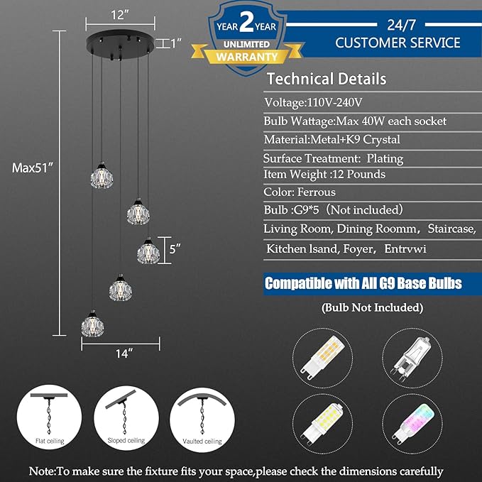Crystal Chandeliers for Dining Room Lights Fixture Over Table, 5-Light Black Modern Pendant Light Fixture，Crystal Chandeliers for Living Room Kitchen Island Staircases Foyer Hallway Bar