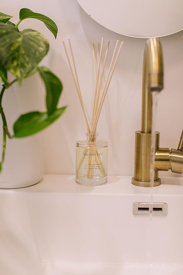 Brooklyn Candle Studio Reed Scent Diffuser - Relaxing Oil Diffuser, Sandalwood & Amber Fragrance, 8 Rattan Diffuser Reeds, Clean Ingredients (3.7oz, Brooklyn)