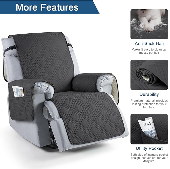 TAOCOCO Waterproof Recliner Chair Cover, Non Slip Oversized Recliner Covers for Recliner Chair with Pocket, Reclining Chair Cover Furniture Protector for Kids, Pets(28'', Charcoal Gray)