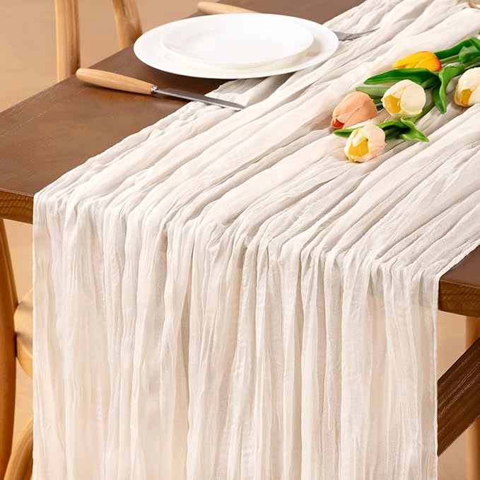 Ivory White Cheesecloth Table Runner 3pcs Valentine's Day Cream Boho Gauze Spring Table Runner 22×120 inches 10FT Table Decor for Farmhouse Wedding Baby Shower Birthday Party Ceremony