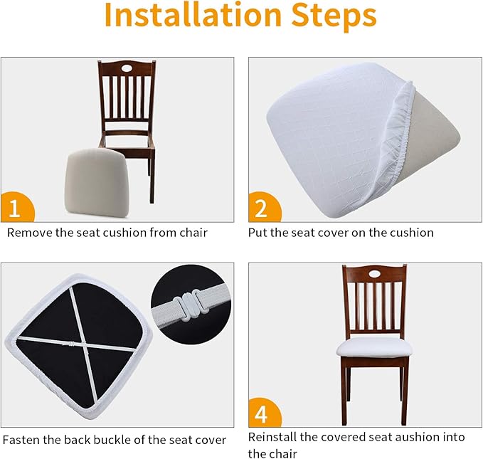 Fuloon Stretch Chair Seat Covers 6 PCS, Removable Washable Dining Chair Covers Anti-Dust Dining Room Seat Cushion Slipcovers (6, White)