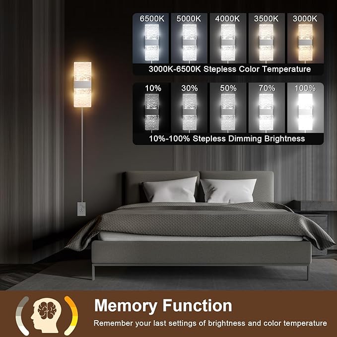 Plug in Wall Sconces with Adjustable 3000K-6500K Colors & 10%-100% Brightness, Sconces Wall Decor Set of 2 with Remote Control, 12W Acrylic LED Plug in Wall Light (1 Pack, Corrugated Finish)