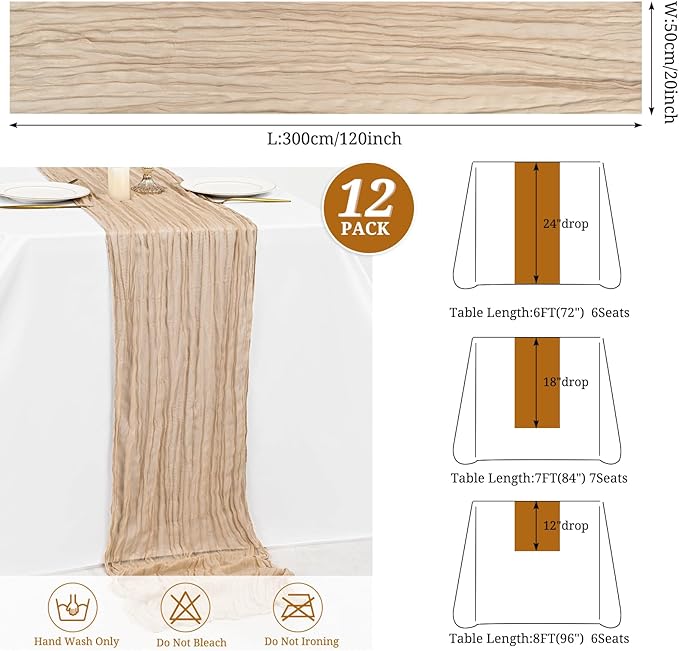 12 Pack Beige Cheesecloth Table Runner,10FT Gauze Boho Long Easter Cheesecloth Table Runners 20x120inch Rustic Cheese Cloth Table Runner for Wedding Party Bridal Shower,Table Decorations